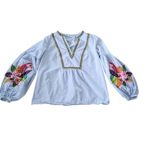 CROWN & IVY M Blue Floral Bird Embroidered Peasant Boho Top Balloon Sleeve